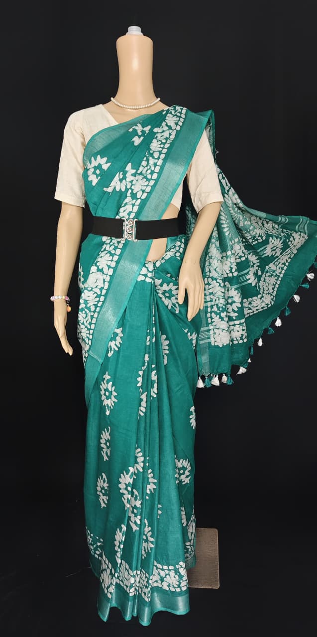 Regal Katan Silk Hand Block Batik Print Saree.