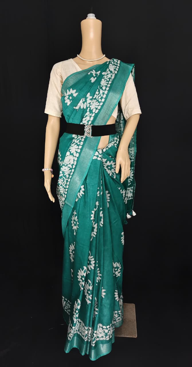 Regal Katan Silk Hand Block Batik Print Saree.