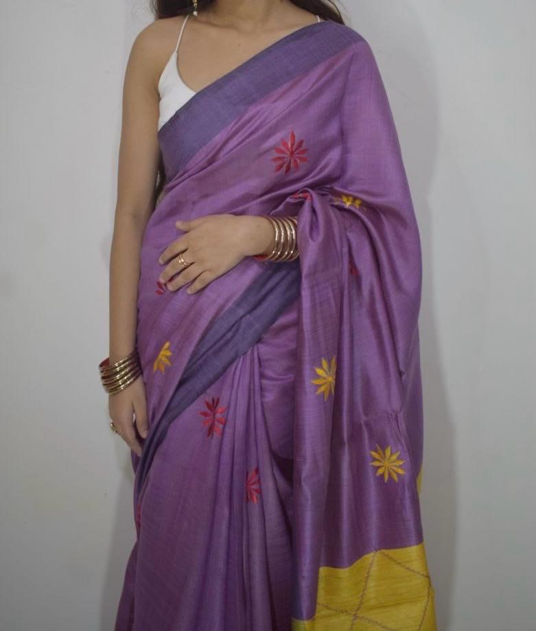 Tussar Ghicha Embroidery Handloom silk saree