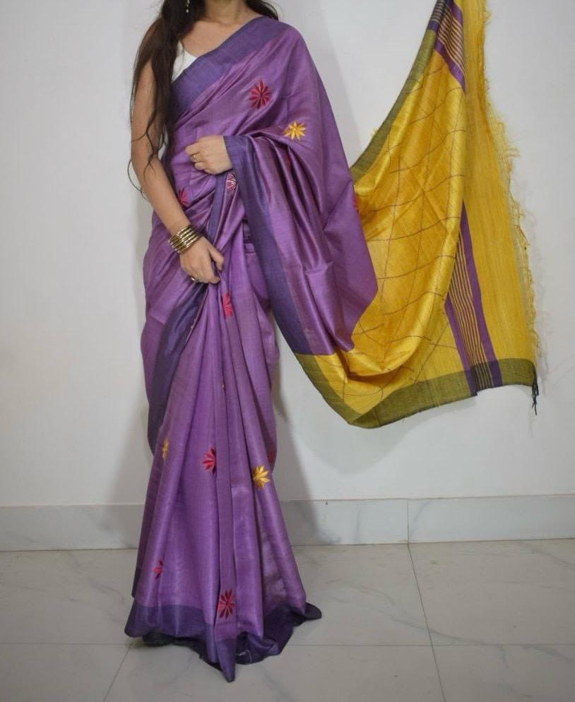 Tussar Ghicha Embroidery Handloom silk saree