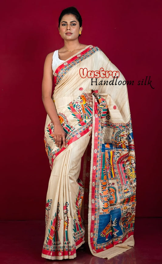 Tussar Ghicha Madhubani Hand Painted Handloom Silk Saree