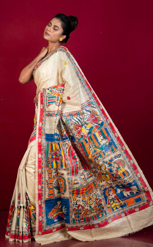 Tussar Ghicha Madhubani Hand Painted Handloom Silk Saree