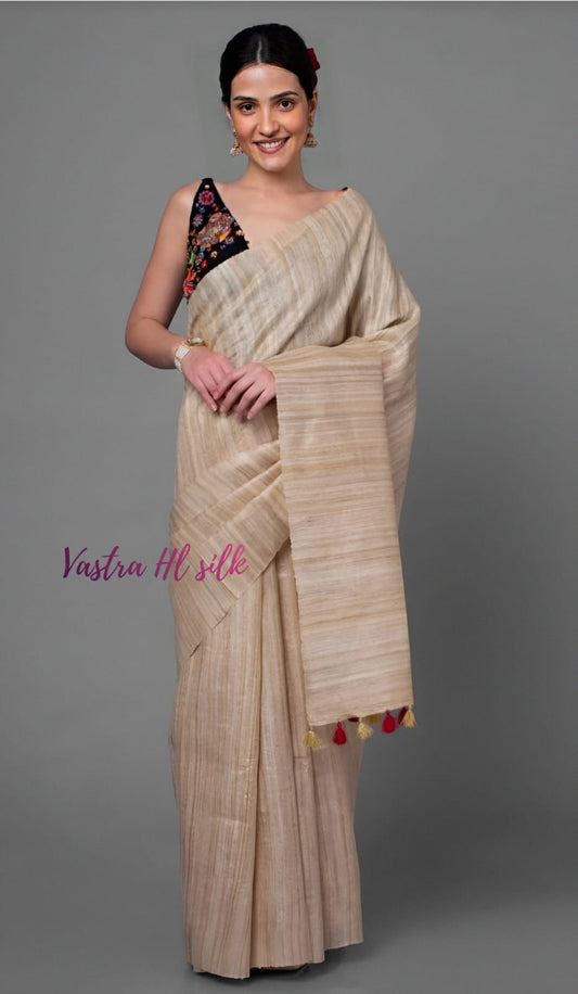 Beautiful Plain Tussar Ghicha Silk Saree – Original Ghicha Texture | Elegant Handloom Ethnic Wear